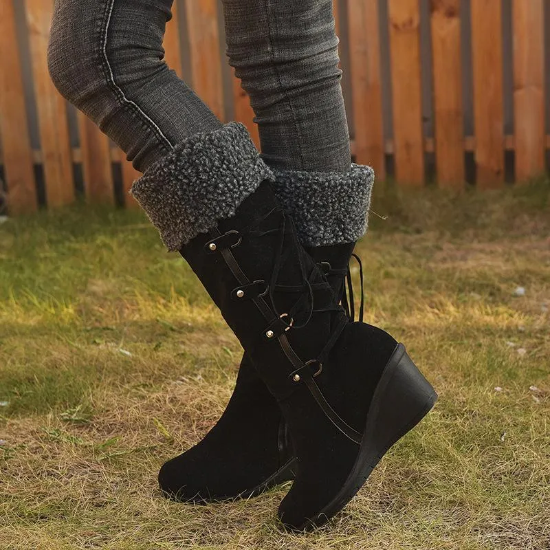 Women's plush cuff back lace-up mid calf snow boots