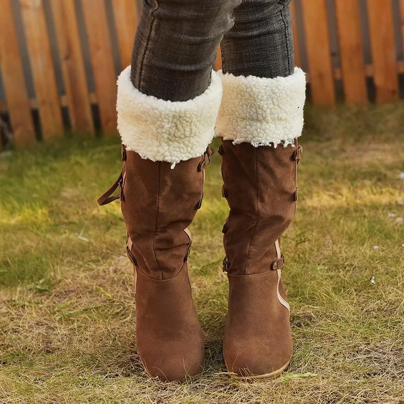 Women's plush cuff back lace-up mid calf snow boots
