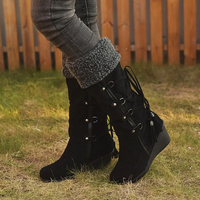 Women's plush cuff back lace-up mid calf snow boots