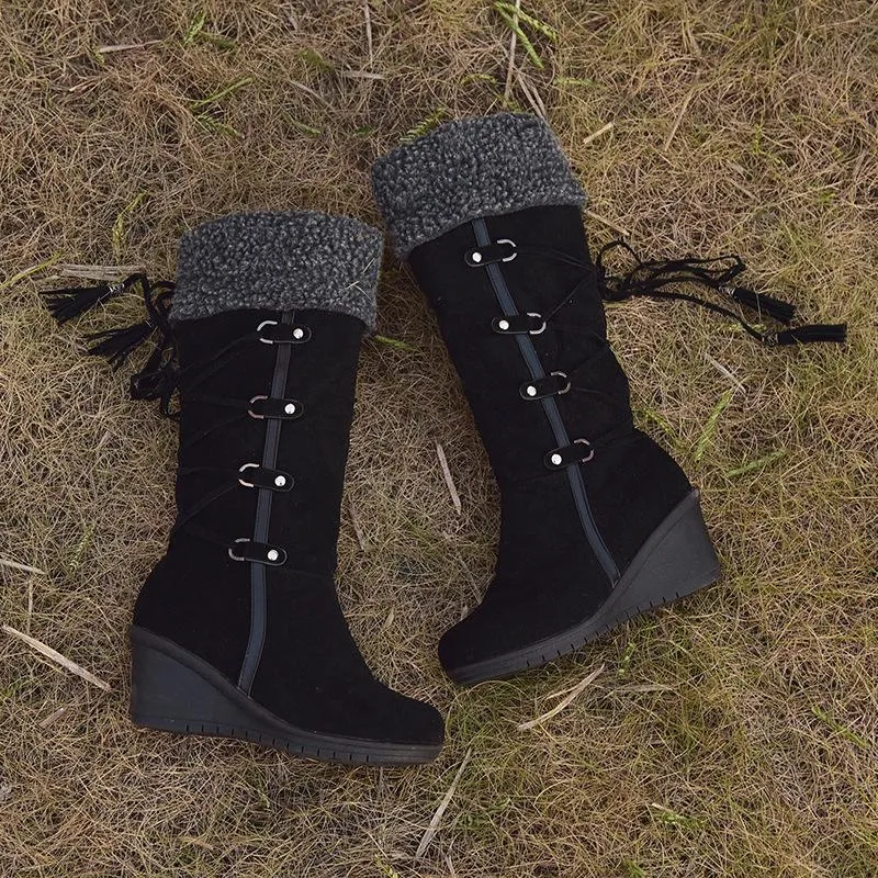 Women's plush cuff back lace-up mid calf snow boots