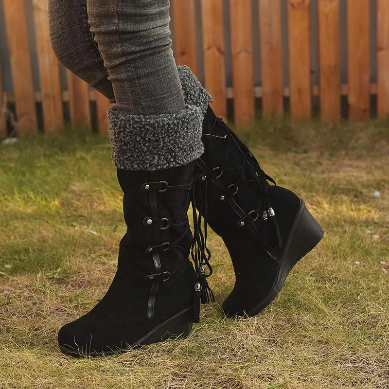 Women's plush cuff back lace-up mid calf snow boots
