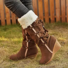 Women's plush cuff back lace-up mid calf snow boots