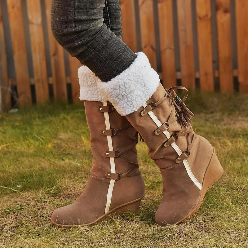 Women's plush cuff back lace-up mid calf snow boots