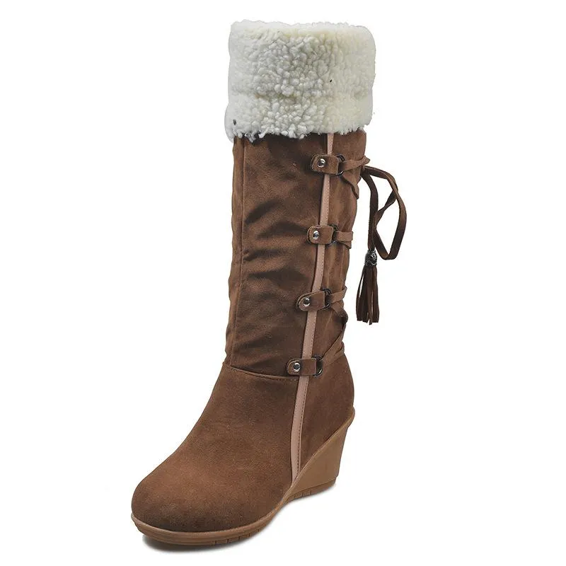 Women's plush cuff back lace-up mid calf snow boots