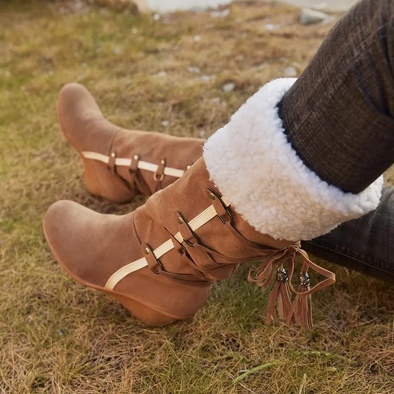 Women's plush cuff back lace-up mid calf snow boots