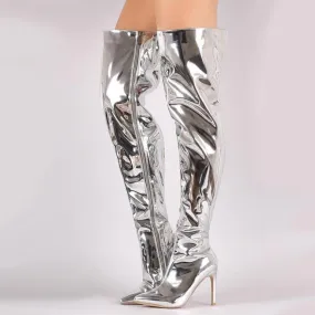 Women's sexy metal mirror thigh high stiletto boots pointed toe party nightclub boots