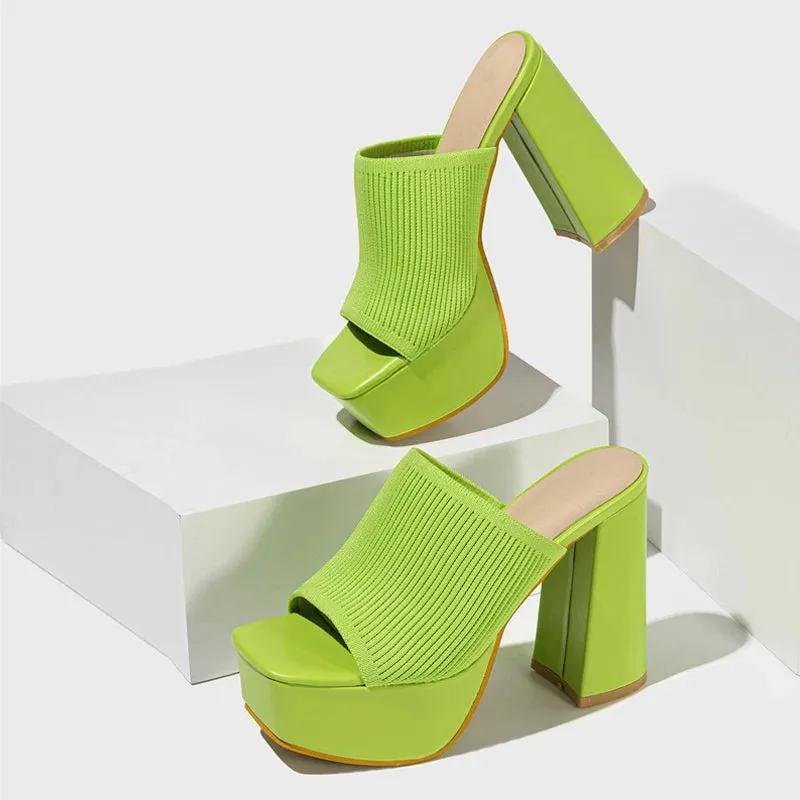 Women's stretch fabric Thick High Heel Mules