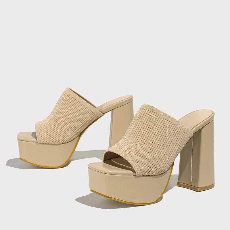 Women's stretch fabric Thick High Heel Mules
