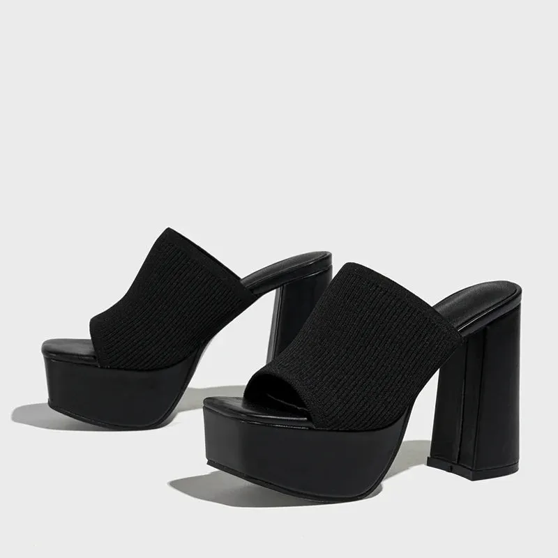 Women's stretch fabric Thick High Heel Mules