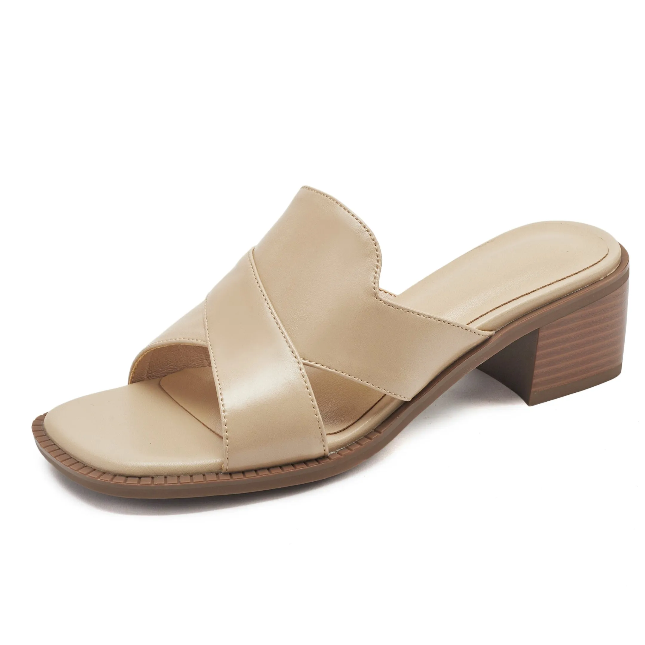 Womens Summer Crossover-Strap Square-Toe Block-Heel Mules Sandals